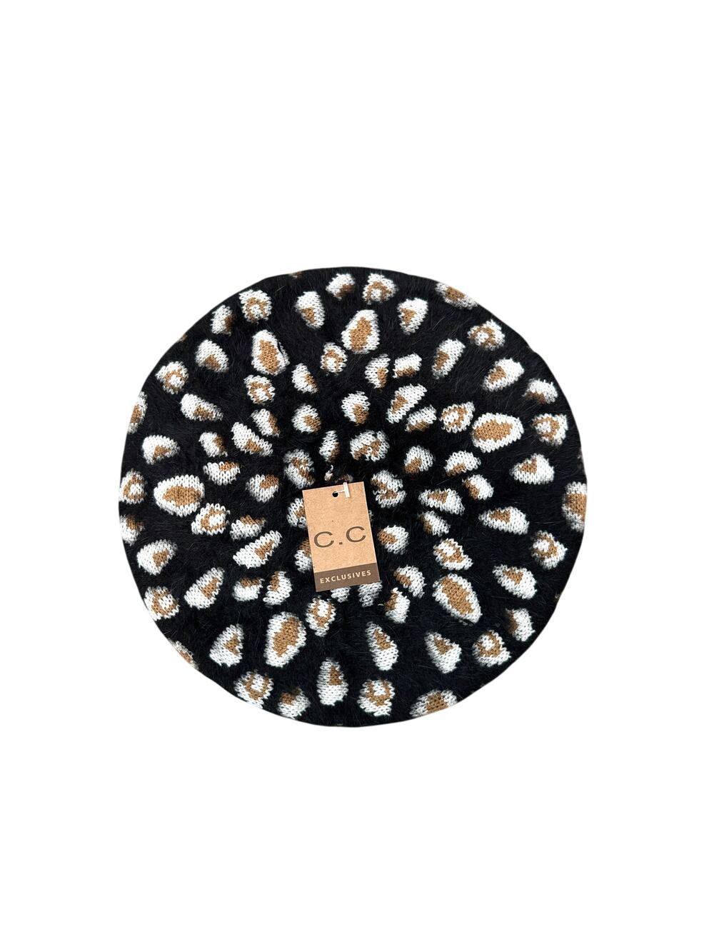 C.C | Leopard Print Fuzzy Beret Hat Rhinestone Studded Cozy NWT | One Size